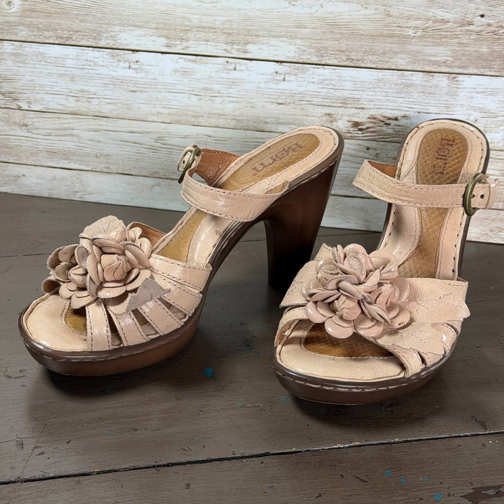Born Nude Leather Floral Platform Sandals Boho Romantic Size 6
